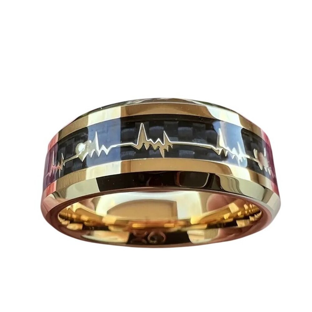 Gold Tungsten Steel Carbide & Carbon Inlay Heartbeat EKG Design statement Ring